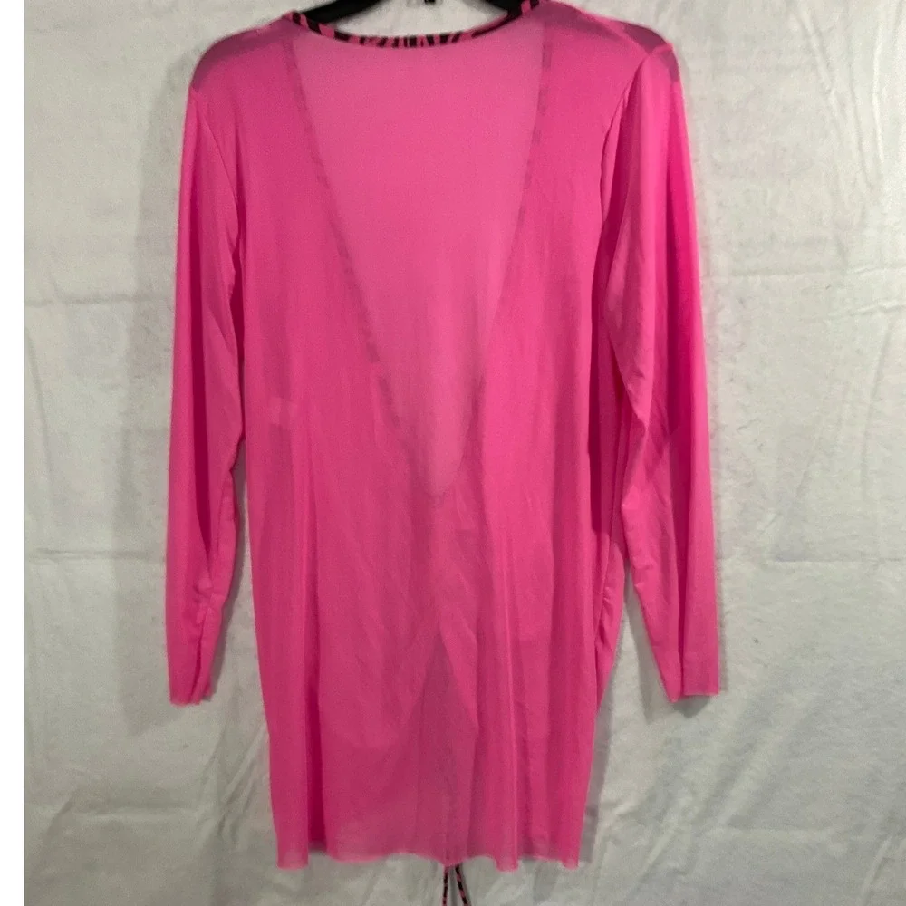 Mesh Cover Up Dress Womens 1XL Pink Ruched Zebra Trim Sexy Beachwear
